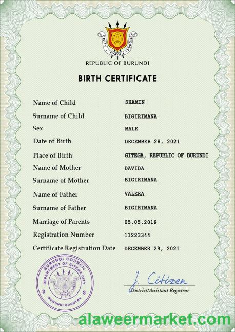 Burundi vital record birth certificate PSD template